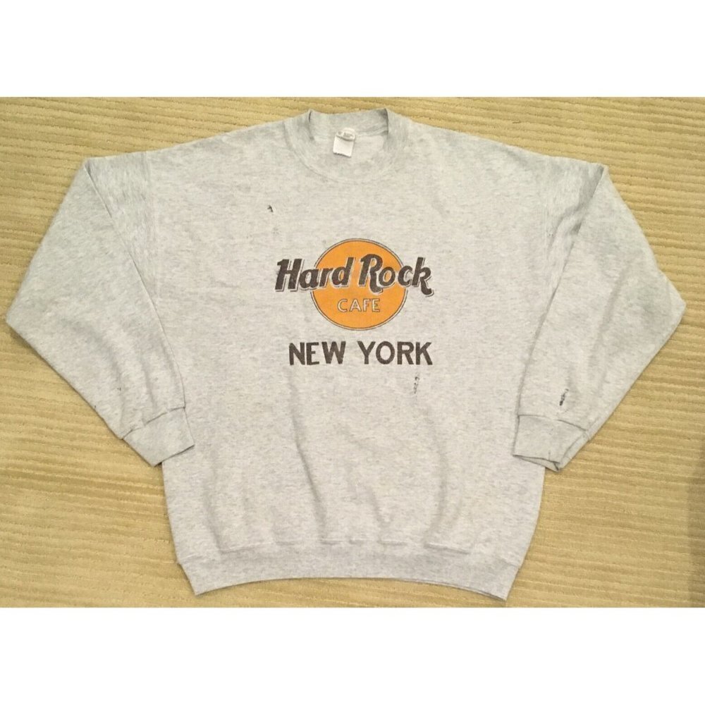 Vintage Hard Rock Cafe New York Crewneck Pullover Sweatshirt XL Gray Distressed